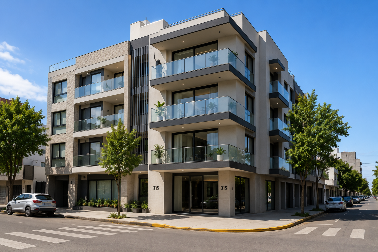 Vista frontal de la vivienda con diseño moderno.